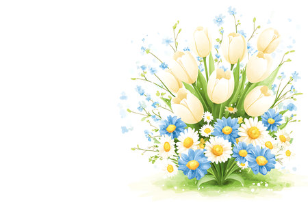 A stunning arrangement of white tulips and blue daisies showcases the beauty of spring flowers. Perfect for design projects, illustrations, or decorative purposes.の写真素材