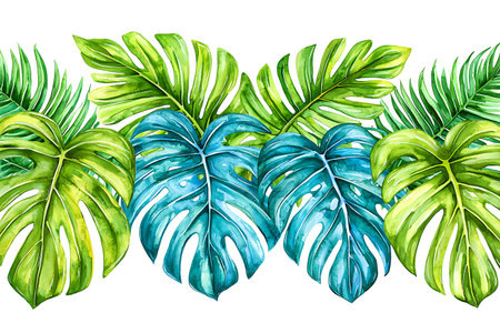 Bright and vivid watercolor leaves in blue and green create a stunning tropical theme, perfect for home decor or artwork. Ideal for nature enthusiasts.の写真素材