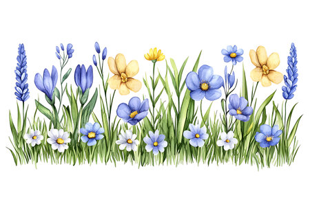 A vibrant watercolor illustration of wildflowers and green grass, perfect for backgrounds, print, and design projects. Bright and cheerful seasonal colors.の写真素材
