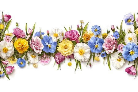 Beautiful arrangement of diverse flowers creates a vibrant border, ideal for spring themes or decorative purposes, bringing joy and freshness to any design.の写真素材