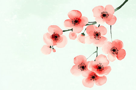 A beautiful watercolor illustration showcasing a branch of delicate peach blossoms against a soft pastel background, evoking feelings of tranquility and elegance.の写真素材