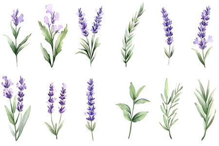 Discover a collection of stunning watercolor illustrations featuring delicate lavender flowers and greenery, perfect for various creative projects and designs.の写真素材