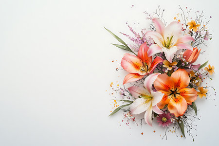 An eye-catching arrangement of pink and orange lilies adorned with delicate accents on a clean white background, perfect for decorations or artistic projects.の写真素材