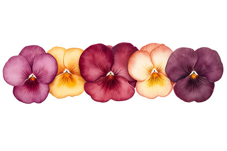 A beautiful arrangement of vibrant pansy flowers featuring a variety of colors, ideal for nature enthusiasts or floral design projects.の写真素材