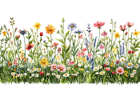 A stunning illustration of a diverse array of wildflowers in vibrant colors, showcasing the beauty of nature in full bloom on a bright white background.の写真素材