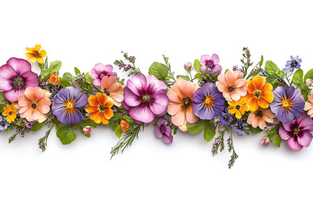 A stunning floral arrangement featuring a variety of vibrant flowers with lush green leaves set against a clean white background. Perfect for spring themes.の写真素材