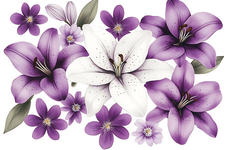 This captivating floral arrangement features a stunning mix of purple and white lilies, complemented by delicate green leaves. Ideal for decorative use.の写真素材