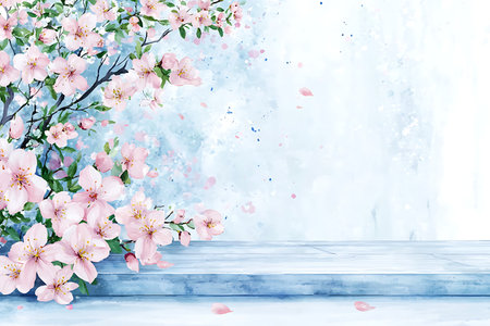 A stunning illustration of a cherry blossom branch adorned with soft pink flowers against a gentle watercolor background, evoking beauty and tranquility.の写真素材