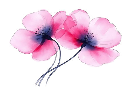 This artistic illustration features two beautiful pink blossom flowers with delicate petals, ideal for enhancing any creative project with a soft and serene touch.の写真素材