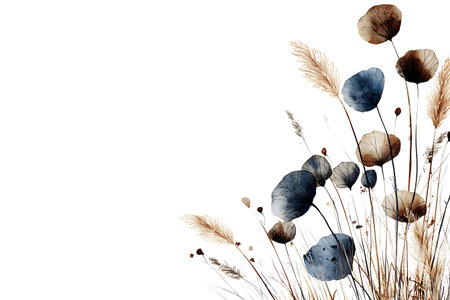This serene watercolor illustration features soft blue and brown leaves alongside delicate grasses, creating a peaceful ambiance perfect for any space.の写真素材