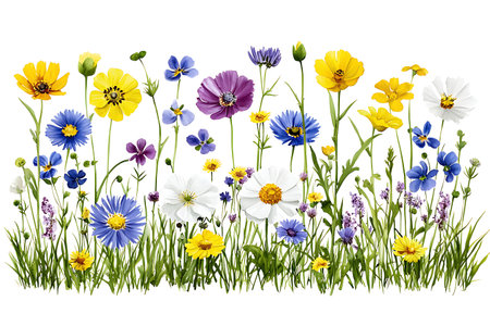 A vibrant assortment of wildflowers in a lush green field creates a colorful and cheerful atmosphere. Perfect for nature-themed designs.の写真素材