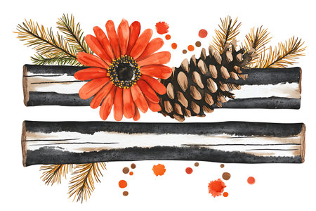 A beautiful artistic arrangement featuring vibrant orange flowers, pine cones, and natural wood elements. Perfect for seasonal decor and craft projects.の写真素材