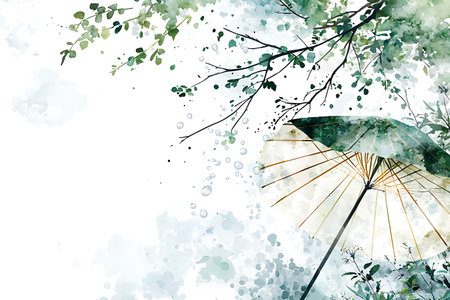 A captivating watercolor illustration featuring an elegant umbrella and lush green foliage, suitable for nature-themed projects and tranquil settings.の写真素材