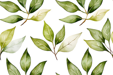 This elegant watercolor leaves pattern features various shades of green on a white background, perfect for botanical-themed designs, decor, and stationery.の写真素材