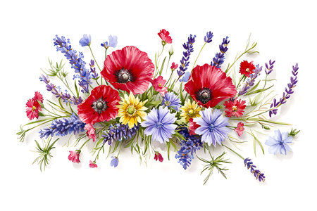A stunning watercolor floral arrangement showcasing bright poppies, daisies, and lavender, perfect for adding a touch of nature's beauty to any design project.の写真素材