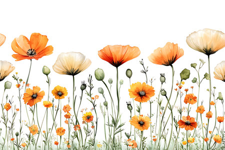 This vibrant illustration features a stunning array of orange and yellow flowers with delicate greenery against a clean white background, perfect for various design projects.の写真素材
