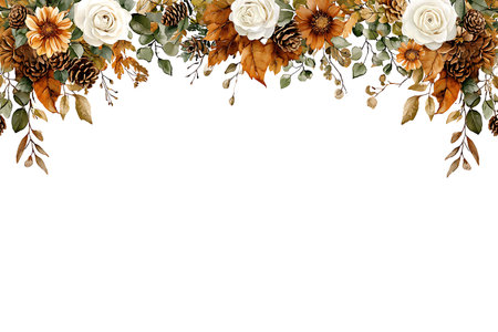 Beautiful autumn floral arrangement featuring white roses, golden leaves, and pinecones on a clean white background, perfect for seasonal decor and celebrations.の写真素材