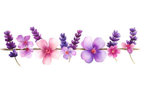A stunning arrangement of pink and purple flowers, showcasing delicate blossoms and lavender stems against a crisp white background, perfect for enhancing any design project.の写真素材