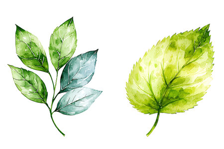 This stunning watercolor illustration features vibrant green leaves set against a clean white background. Ideal for nature-themed projects.の写真素材