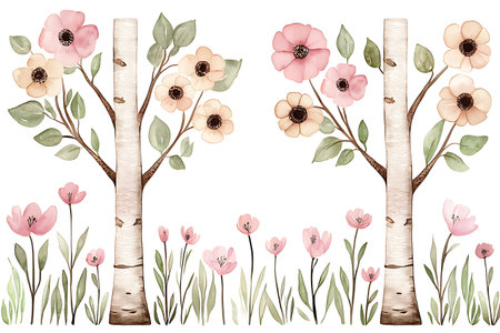 Charming watercolor illustration depicts pink flowers and birch trees. Ideal for nature-inspired projects and decoration, conveying serenity and beauty.の写真素材
