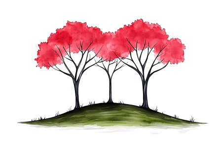 A charming watercolor illustration featuring three trees with bright red leaves on a gentle green hill. Perfect for nature-themed decor or artistic projects.の写真素材