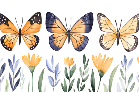 A beautiful watercolor illustration featuring colorful butterflies and flowers, perfect for nature-themed designs, spring decor, and floral art projects.の写真素材