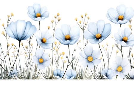 This stunning illustration features a variety of delicate white and blue flowers set against a soft greenery background, perfect for spring-themed designs.の写真素材
