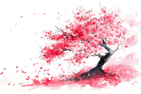This stunning watercolor illustration showcases a cherry blossom tree adorned with vibrant pink flowers and falling petals, evoking a sense of tranquility and beauty.の写真素材