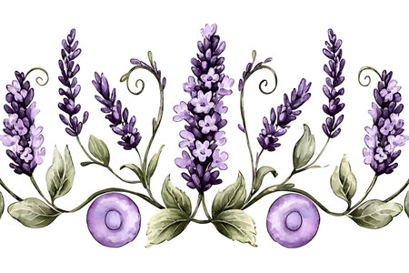This elegant lavender flower border design features vibrant purple petals intertwined with green leaves, perfect for art, crafts, and decorations.の写真素材