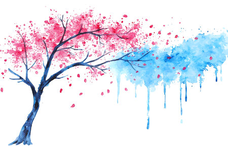 This vibrant watercolor illustration features a tree with pink cherry blossoms and blue paint drips, evoking a feeling of joy and tranquility, perfect for decor.の写真素材