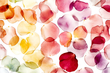 A stunning array of colorful flower petals in various shades gently scattered on a white background. This composition captures beauty and elegance, perfect for floral-themed projects.の写真素材