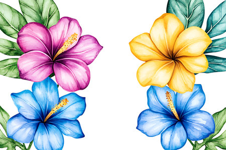 This vibrant watercolor illustration showcases delicate hibiscus flowers in pink, yellow, and blue hues, surrounded by lush green leaves, perfect for nature-themed designs.の写真素材