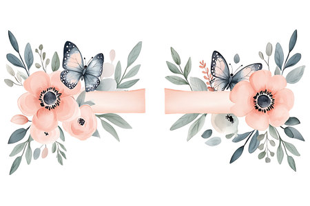 This exquisite watercolor illustration features soft floral arrangements and butterflies, ideal for enhancing elegant designs and themed projects.の写真素材