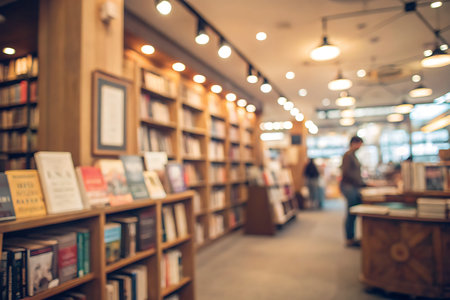 Experience the inviting atmosphere of a modern bookstore with wooden shelves and warm lighting,...