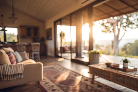 Bright and inviting living room showcasing natural light filtering through large windows, perfect for relaxation and comfort in a picturesque setting.の写真素材