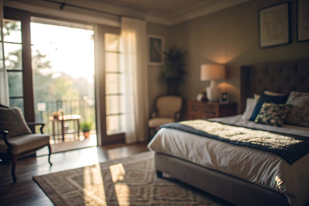 A serene bedroom featuring elegant decor, soft colors, and abundant natural light. Ideal for creating a peaceful retreat or a relaxing atmosphere to unwind and rejuvenate.の写真素材