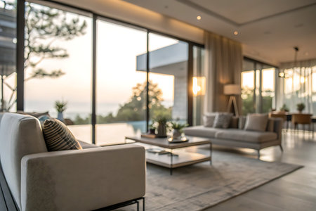 This modern living room features large panoramic windows that frame a breathtaking sunset view, creating a serene and inviting atmosphere perfect for relaxation.の写真素材