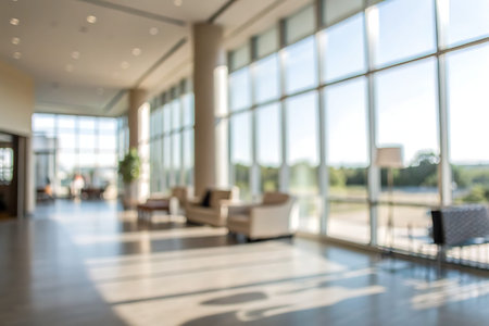 This image features a bright and spacious lobby area filled with natural light. The large windows...