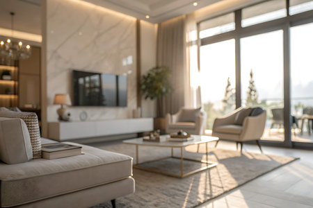 This modern living room features elegant furnishings, soft colors, and abundant natural light. The...
