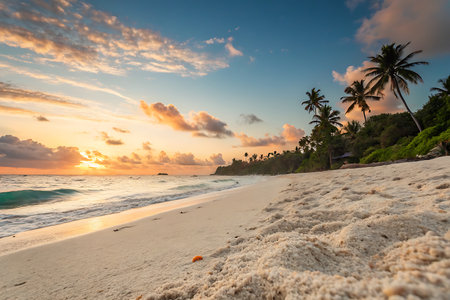 A breathtaking sunset illuminates a peaceful beach scene with soft sand, tropical palm trees, and gentle waves, showcasing nature's beauty and tranquility.の写真素材