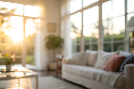 A bright and cozy living room filled with natural light, showcasing soft textures and a serene atmosphere. Perfect for relaxation and comfort in a home setting.の写真素材