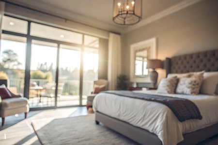 This modern bedroom features large windows that invite sunlight, offering a serene outdoor view perfect for relaxation.の写真素材