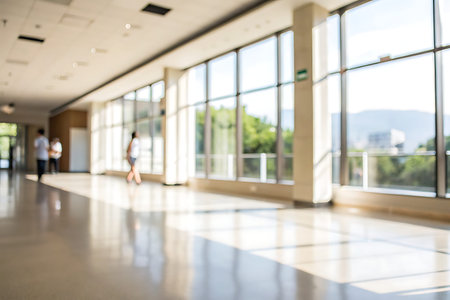 A bright and spacious hallway in a modern building, featuring large windows that allow natural light to flood the space, creating a calming ambiance.の写真素材