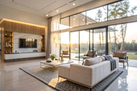 A beautifully designed modern living room showcasing a spacious layout, elegant furniture, and a stunning sunset view through large glass windows.の写真素材