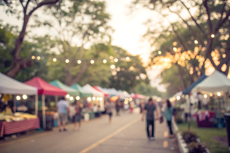 A bustling evening market scene features colorful canopy tents and soft lights strung above. People...