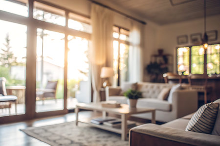 This inviting living room features stylish furniture bathed in natural light, creating a warm and...