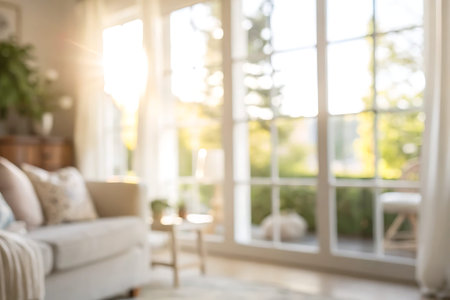 A beautifully designed living room featuring large windows that let in soft sunlight, creating a...