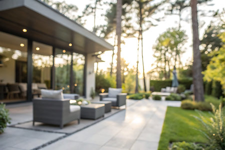 A beautifully designed outdoor patio featuring modern furniture, surrounded by lush greenery,...