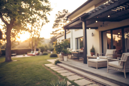 A cozy modern home featuring a beautifully landscaped garden and inviting outdoor spaces bathed in...