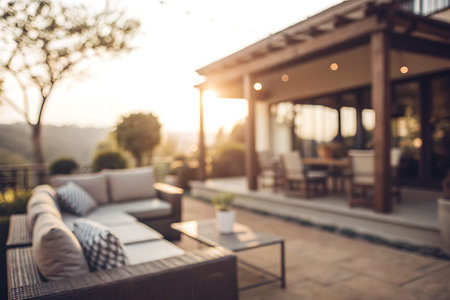 A serene outdoor patio featuring cozy seating arrangements, elegant decor, and warm sunset lighting,...